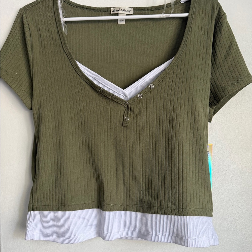 Derek Heart Olive Green Ribbed Scoop Neck Crop Top with White Layered Hem